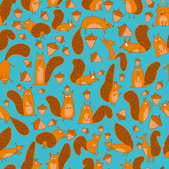 Poster - Funny squirrels with nut, seamless pattern