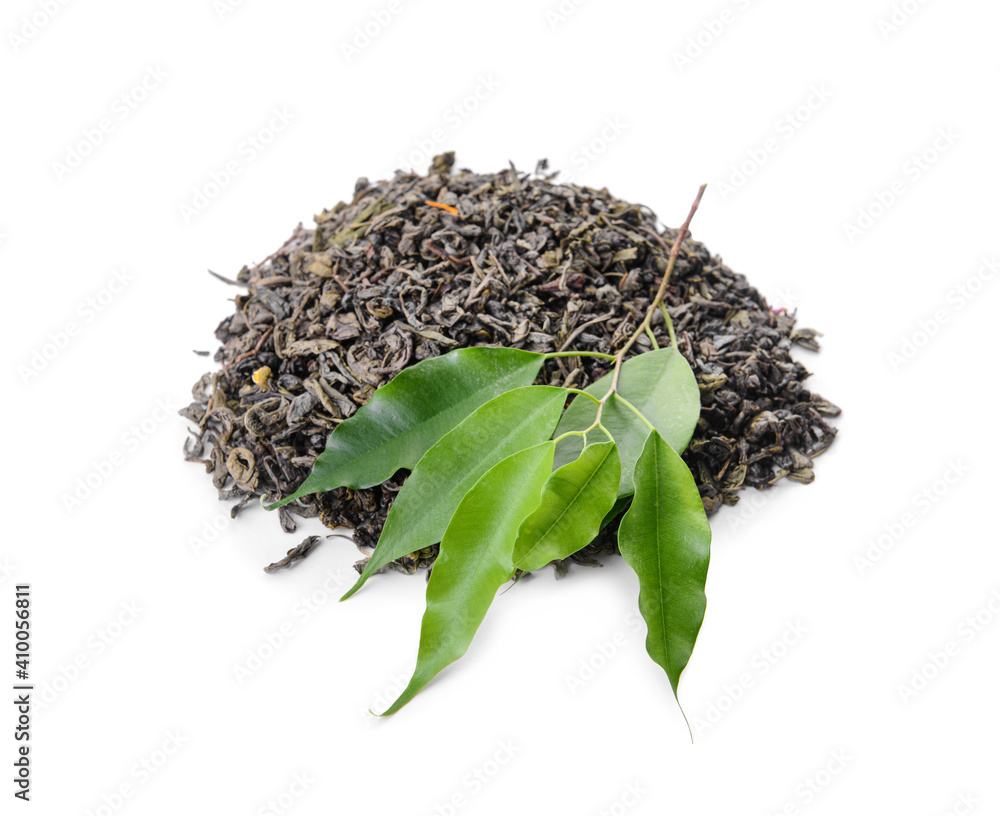 Dry and fresh tea leaves on white background