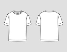 T-shirt Round Neck. Oversize Fit, Rolled Up Sleeve. Vector Technical Sketch
