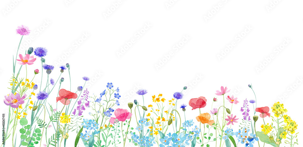 色々な花が咲き乱れる 春の野原の水彩イラスト バナー背景 アシンメトリー Do Salonu Obrazy