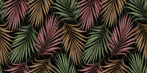 Tropical exotic seamless pattern with color palm leaves on dark background. Hand-drawn vintage illustration and texture. Good for production wallpapers, wrapping paper, cloth, fabric printing, goods.