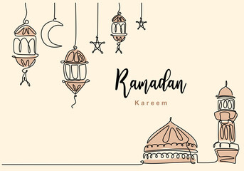 Sticker - Continuous one line drawing of Islamic mosque with hanging traditional lantern, star and half moon. Ramadan Kareem greeting card, banner and poster design in white background. Vector illustration