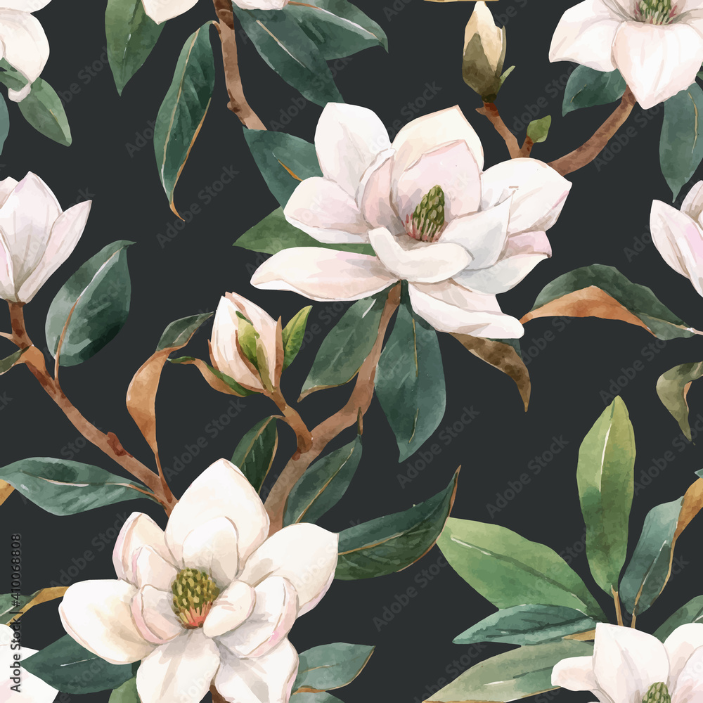 Beautiful vector seamless pattern with hand drawn watercolor white magnolia flowers. Stock illustration. - obrazy, fototapety, plakaty 