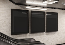 Three Vertical Billboards On Underground Wall Mockup. Hoardings Advertising Triptych On Subway Wall 3D Rendering