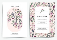 Vector Illustration Of A Beautiful Floral Frame Set With Little Birds. Design For Cards, Party Invitation, Print, Frame Clip Art And Business Advertisement And Promotion 