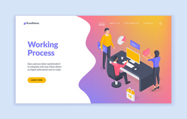 Wall Mural - working process in modern office. isometric vector illustration. banner template