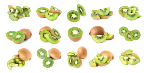  Set with ripe kiwi fruits on white background, banner design