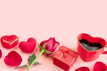 Pastel Pink Background With Red Hearts, Gifts, Heart Shaped Cup Of Coffee And Rose. Valentine Day, Anniversary And Birthday Concept. Flat Lay, Closeup And Copy Space