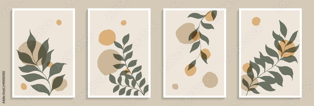 Set of creative minimalist hand draw illustrations green leaves and pastel simple shape for wall decoration, postcard or brochure cover design, poster - obrazy, fototapety, plakaty 