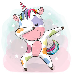 Sticker - Cartoon dancing Unicorn on a pink and blue background