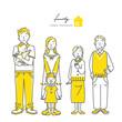 © fumi - simple bicolor illustration of happy family, line art, yellow, grey