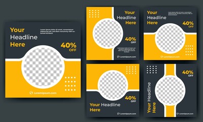 Set of Editable square banner template. Yellow and black background color with circle shape line. Suitable for social media post, banners, and internet ads. Flat design vector with photo collage