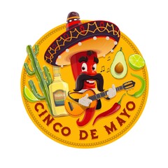 Canvas Print - Cinco de Mayo vector round icon. Jalapeno chili pepper in sombrero playing guitar, Mexican red pepper character with mustaches play music. Isolated cartoon Cinco de Mayo label with avocado and tequila