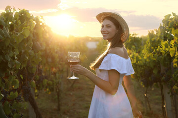 Poster - Beautiful young woman with glass of wine in vineyard on sunny day