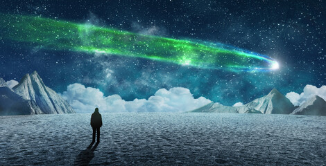 Wall Mural - silhouette of a man and starry night sky in surreal landscape