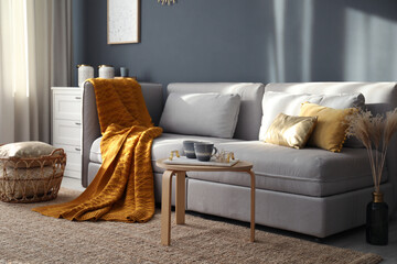 Poster - Stylish sofa with soft plaid in room. Idea for interior design