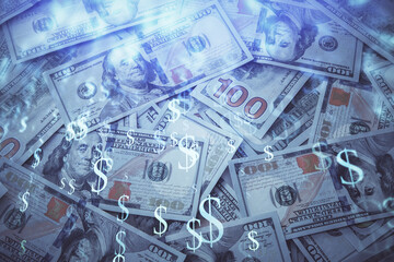 Fototapete - Double exposure of forex graph drawing over us dollars bill background. Concept of financial markets.