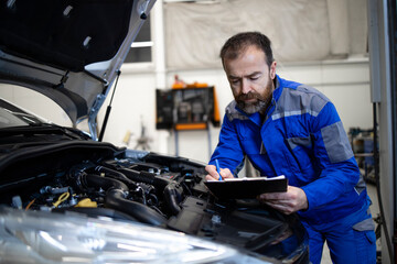 Professional middle aged caucasian car mechanic with checklist standing by vehicle engine area with hood open detecting malfunction.