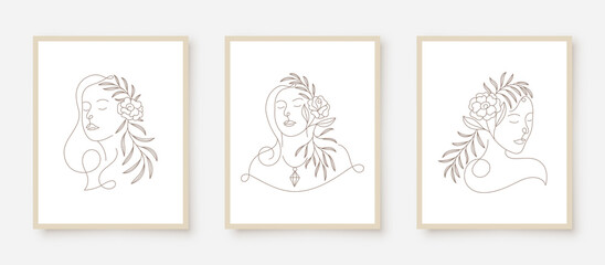 Wall Mural - beauty woman faces in line art floral frame