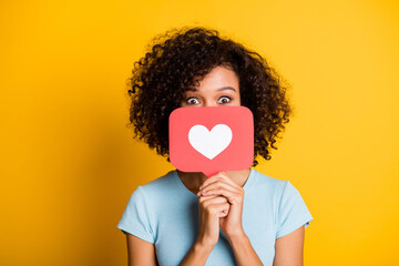 photo of funky playful dark skin curly girl dressed blue t-shirt holding heart like card cover face 