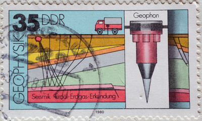 Wall Mural - GERMANY, DDR - CIRCA 1980 : a postage stamp from Germany, GDR showing equipment and graphical representations for geophysics: seismics