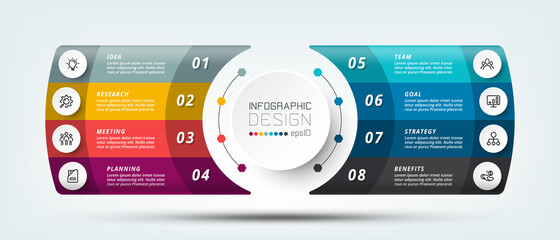 Wall Mural - Presentation of information in a modern way through a text box format with 8 parts to work, used for planning, reporting, explaining the workflow, vector, infographic design.