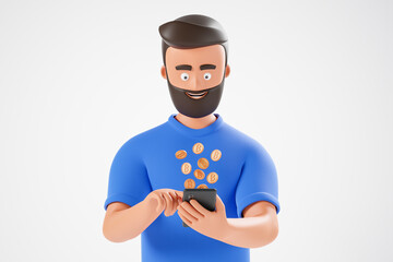 Portrait cartoon beard character man in blue tshirt use smartphone with bitcoins fly from screen over white background.