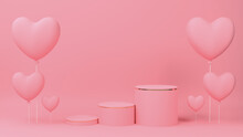 Valentine's Day Concept. Circle Podium Pink Pastel Color With Gold Edge, Three Rank And Pink Heart Balloon. 3D Rendering Illustration.