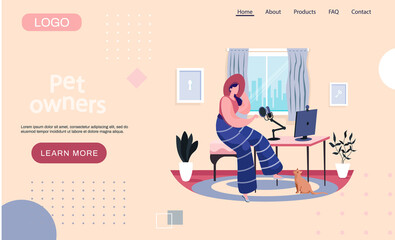 Pet owners landing page template with girl blogger live streaming sitting at computer with cat at home. Cute female making video content to vlog with microphone. Woman vlogger online interview