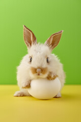 Wall Mural - White Easter bunny rabbit with egg on yellow and green background