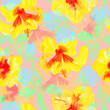 watercolor tropical exotic leaves and hibiscus flowers seamless pattern on pink background