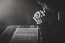 Woman Hands Praying To God With The Bible. Woman Pray For God Blessing. Religious Beliefs Christian Life Crisis Prayer To God.