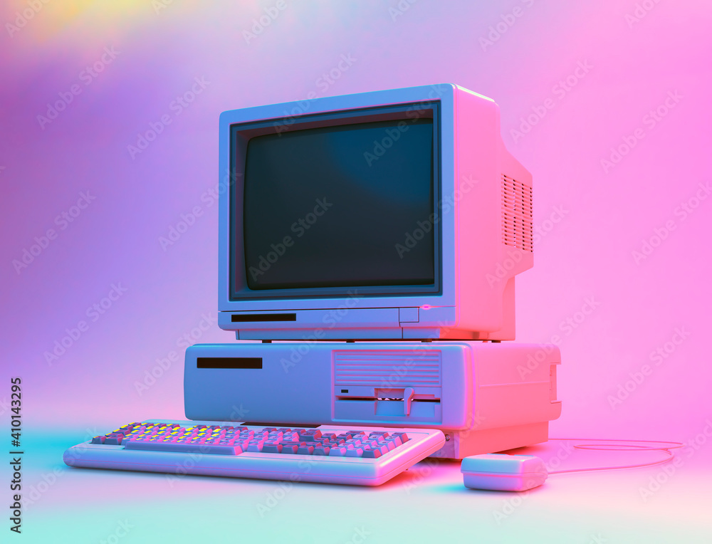 Vintage Desktop PC with Floppy Drive, Keyboard and Mouse in Neon Lightning. 3D Rendering. - obrazy, fototapety, plakaty 