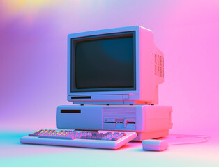 Vintage Desktop PC with Floppy Drive, Keyboard and Mouse in Neon Lightning. 3D Rendering.
