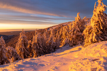 Wall Mural - Majestic sunset in the winter mountains landscape. High resolution image. Kralicky snežník czech