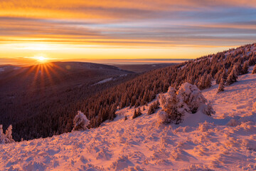 Wall Mural - Majestic sunset in the winter mountains landscape. High resolution image. Kralicky snežník czech