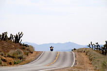 Motorcycle Riding In High Desert On Highway Through  Joshua Trees 