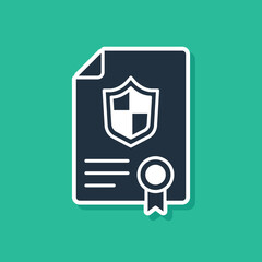 Sticker - Blue Contract with shield icon isolated on green background. Insurance concept. Security, safety, protection, protect concept. Vector.