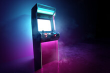 Neon Pink And Cyan Glowing Retro Games Arcade Machine Background. 3D Illustration.