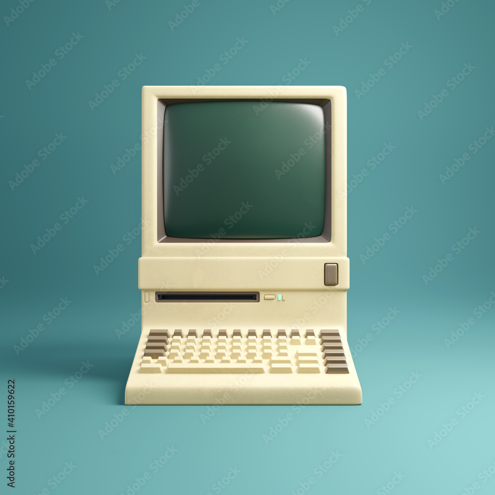 Retro 1980's style beige desktop computer and built in screen and ...