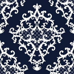 Wall Mural - Seamless baroque style damask ornamental pattern. Hand drawn white texture on dark blue background