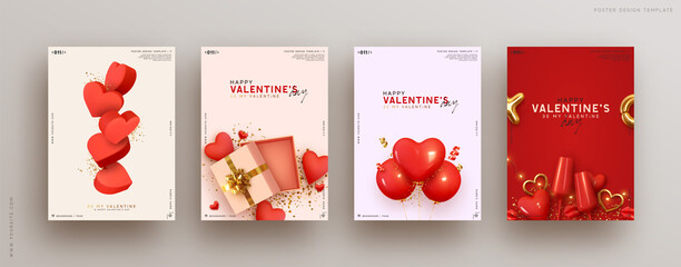 Wall Mural - Valentines day. Romantic set vector backgrounds. Festive gift card templates with realistic 3d design elements. Holiday banners, web poster, flyers and brochures, greeting cards, group bright covers