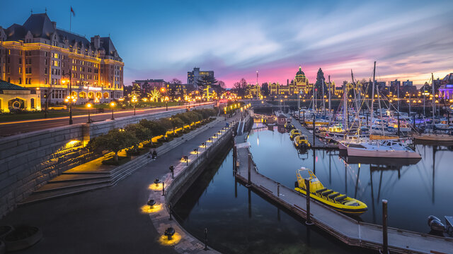 sunset cityscape panoramic view of the inner harbour, the and the legislative assembly of british co