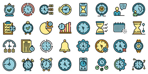 Sticker - Time management icons set. Outline set of time management vector icons thin line color flat on white