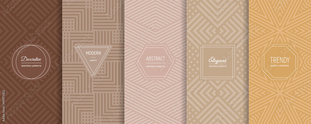 Geometric seamless patterns. Vector set of stylish pastel backgrounds with elegant minimal labels. Abstract modern line ornament textures. Trendy nude color palette. Design for print, decor, package - obrazy, fototapety, plakaty 