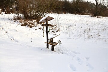 Wall Mural - Wooden bird feeder filled with sunflower and seeds in winter snow