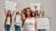 © Svitlana - Beautiful young caucasian plus size woman in white shirt showing peace sign, looking at camera. Group of diverse women holding protest banners in the background
