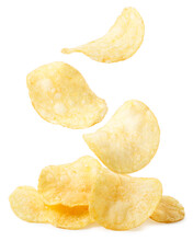 Potato Chips Are Falling On A Heap On A White Background. Isolated