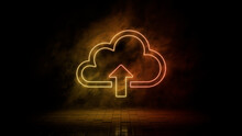 Orange And Yellow Neon Light Cloud Upload Icon. Vibrant Colored Technology Symbol, Isolated On A Black Background. 3D Render 