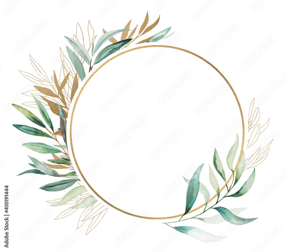 Watercolor Olive branch gold frame illustration Stock Illustration ...